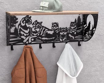 Perchero de pared con estante "Lobos". Producto digital, archivos DXF y SVG para CNC, plasma y láser. Perchero de pared, ganchos para ropa. Perchero.