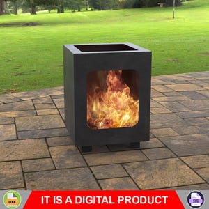 May include: A black, square outdoor fire pit with a rectangular opening on top and a curved window showing flames. The fire pit is on a stone patio with a grassy background. The text "IT IS A DIGITAL PRODUCT" is at the bottom.