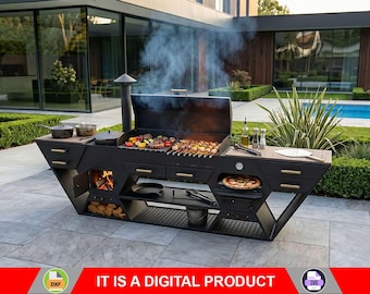Estación de parrilla multifuncional / Archivos DXF y SVG para CNC, plasma, láser / Cocina exterior 3 en 1: área de barbacoa + horno de pizza + estufa tipo caldero
