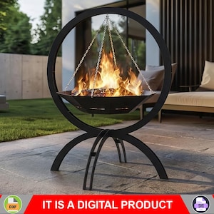 May include: A black metal fire pit with a circular design, suspended by chains within a larger circular frame. The fire pit is filled with burning wood, creating a warm glow. The base has three curved legs. The text "IT IS A DIGITAL PRODUCT" is visible.