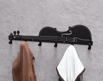 Perchero de pared con forma de violín. Producto digital, archivos DXF y SVG para CNC, plasma y láser. Perchero de pared, ganchos para ropa. Perchero. Perchero.