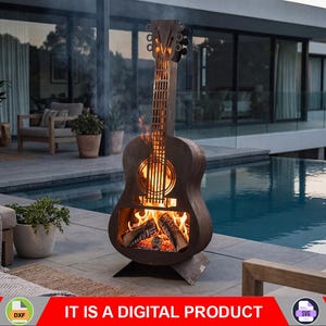 May include: A guitar-shaped outdoor fireplace made of dark metal, with flames visible inside. The fireplace is set on a patio near a pool, with text at the bottom that reads "IT IS A DIGITAL PRODUCT".