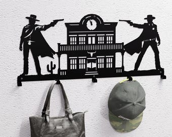 Perchero de pared "Duelo de Vaqueros del Lejano Oeste". Producto digital, archivos DXF y SVG para CNC, plasma y láser. Perchero de pared, ganchos para abrigos. Percha.