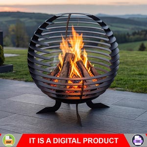May include: A black, spherical outdoor fire pit with a cage-like design, containing burning logs. The fire pit sits on three curved legs. The background features a green lawn and a scenic view of rolling hills.