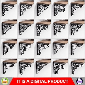 May include: A selection of black metal shelf brackets featuring diverse decorative cut-out patterns. Each bracket is fixed to a wooden shelf against a white wall. The bottom of the image displays the text "IT IS A DIGITAL PRODUCT".