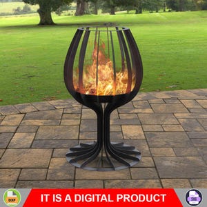 May include: A black metal fire pit with a distinctive, stylized design. The fire pit is shaped like a wine glass, with a round base and a cage-like structure holding the flames. The text "IT IS A DIGITAL PRODUCT" is at the bottom.