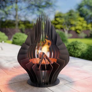 May include: A black, modern outdoor fire pit with a unique, layered design. The fire pit has a circular base and a tall, open structure with flames visible inside. The background shows a patio and a green yard.