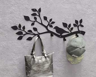 Perchero de pared "Pájaro en una rama V2". Producto digital, archivos DXF y SVG para CNC, plasma y láser. Perchero de pared, ganchos para abrigos. Percha.