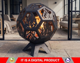 Bola de fuego con tapa. Producto digital, archivos DXF y SVG para CNC, plasma y láser. Fogón para patio, chimenea de jardín y fogón para exteriores. Fogón DIY.