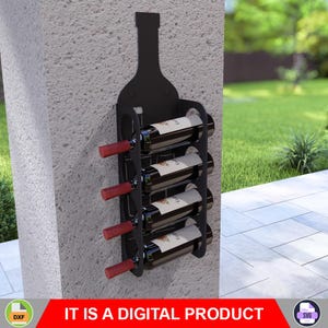 Puede incluir: Estante para vino de metal negro montado en una pared. El estante tiene forma de botella de vino y tiene capacidad para seis botellas de vino. El estante est&aacute; hecho de metal y tiene un acabado negro.