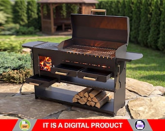 Parrilla moderna plegable con estufa. Productos digitales, archivos DXF y SVG para CNC, plasma y láser. Brasero plegable, barbacoa, parrilla, barbacoa de obra.