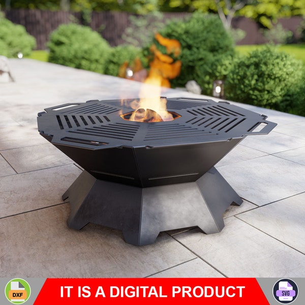 Fire Pit with Grill Octagon. Digital product, files DXF, SVG for CNC, Plasma, Laser. Backyard bbq, Welded Barbecue for Outdoor. Diy