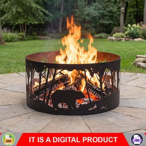 Escena natural con fogón circular. Producto digital, archivos DXF SVG para CNC, plasma y láser. Arte metálico con fogón, bosque, decoración metálica, oso.