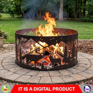 Fire Pit Ring natuurscène, digitaal product, bestanden DXF SVG voor cnc, plasma, laser. Bos, hert, bergen, vuurplaats Metal Art, decoratie