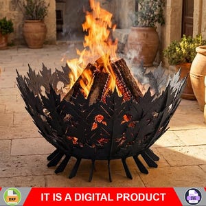 May include: A black metal fire pit with a leaf design, filled with burning firewood. The flames are bright orange and yellow. The fire pit is on a stone patio, with plants and seating in the background. The text "IT IS A DIGITAL PRODUCT" is at the bottom.
