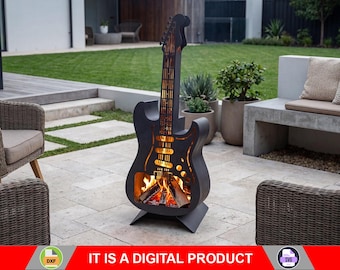 Brasero para guitarra eléctrica de 42 pulgadas de alto. Producto digital, archivos DXF y SVG para CNC, plasma y láser. Chimenea de jardín, brasero, decoración artística en metal.