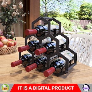 May include: Black metal wine rack with a hexagonal design. The rack holds six bottles of wine. The rack is on a wooden table.