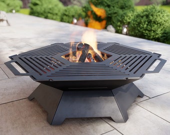 Fogata con parrilla hexagonal. Producto digital, archivos DXF y SVG para CNC, plasma y láser. Barbacoa de jardín, barbacoa soldada para exteriores. Hazlo tú mismo.
