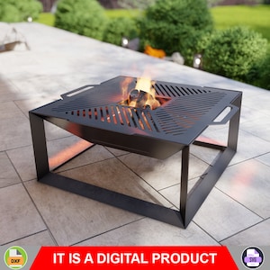 May include: Black metal fire pit with a square design and a grate on top. The fire pit is sitting on a patio.