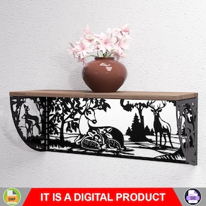 May include: A wall-mounted shelf with a wooden top and a black metal deer silhouette design. A brown vase with pink flowers sits on the shelf. The text "IT IS A DIGITAL PRODUCT" is displayed at the bottom.