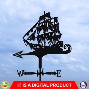 May include: Black metal weathervane with a pirate ship design. The ship has tattered sails and is mounted on a directional arrow with "W" and "E" indicators. The text "IT IS A DIGITAL PRODUCT" is displayed in a red banner.