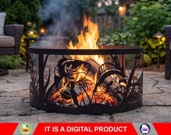 Fire Pit Ring Fish Scene, Digital product, files DXF SVG for cnc, Plasma, Laser. River, FirePit Metal Art, Metal Decoration