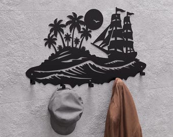 Perchero de pared con diseño de velero e isla tropical. Producto digital, archivos DXF y SVG para CNC, plasma y láser. Perchero de pared. Perchero.
