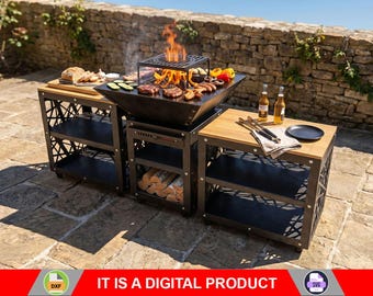 Collapsible 31-Inch Square BBQ Grill with Two Tables | Digital product - Files DXF & SVG for Plasma, Laser Cutting | Outdoor Diy Barbecue