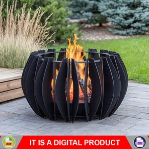 Brasero Esférico Negro V2. Producto digital, archivos DXF y SVG para CNC, plasma y láser. Chimenea de jardín, brasero exterior, brasero para patio trasero.