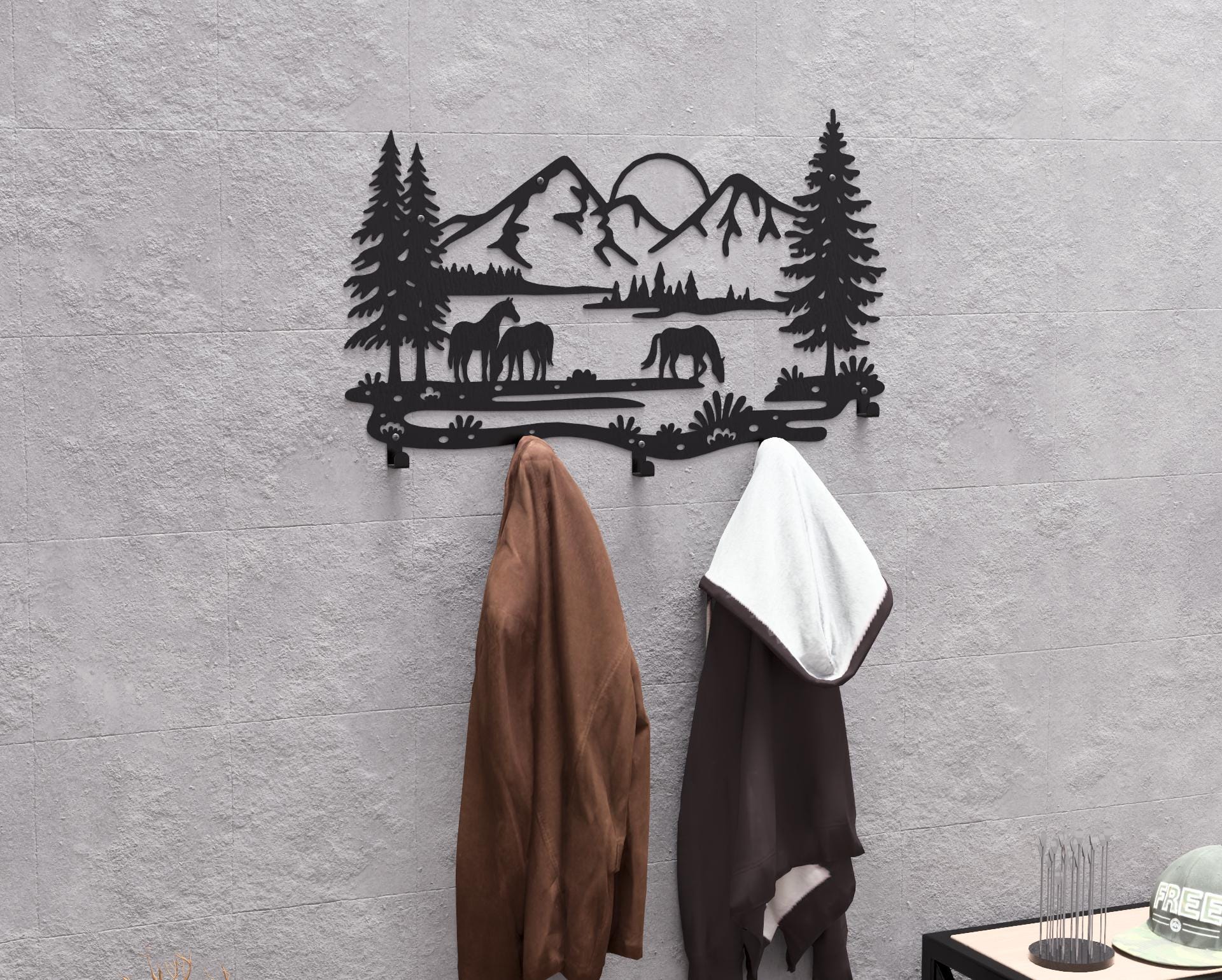 Wild Horses in the Mountains Wall Mount Coat Rack, Digital Product