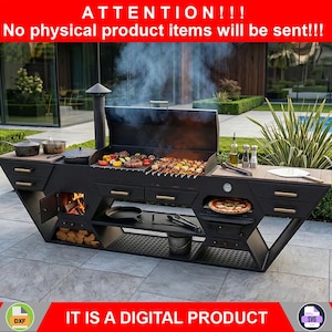 Könnte beinhalten: Ein großer, schwarzer Außengrill mit eingebautem Pizzaofen und Schubladen. Der Grill ist mit Essen beladen, und Rauch steigt von der Kochfläche auf. Der Text "ATTENTION!!! No physical product items will be sent!!! IT IS A DIGITAL PRODUCT" wird angezeigt.