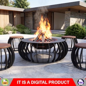 Round Fire Pit with Stools. Digital product, files DXF, SVG for CNC, Plasma, Laser. Garden Outdoor Fire Pit, Backyard Firepit. Diy Firepit