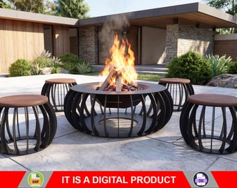 Brasero redondo con taburetes. Producto digital, archivos DXF y SVG para CNC, plasma y láser. Brasero para jardín o patio. Brasero para armar uno mismo.