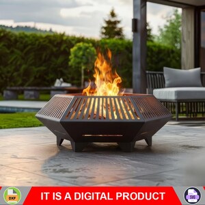 Può includere: Un braciere geometrico marrone scuro con una fiamma arancione brillante all'interno. Il braciere è su un patio in pietra, con mobili da esterno e vegetazione sullo sfondo. Il testo "IT IS A DIGITAL PRODUCT" è in basso.