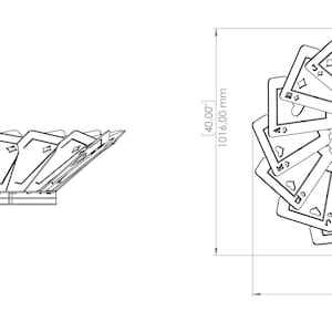 May include: A black and white line drawing of a decorative bowl made of playing cards. The bowl is 40 inches (1016 mm) in diameter and 13.10 inches (333 mm) high. The cards are arranged in a circular pattern.