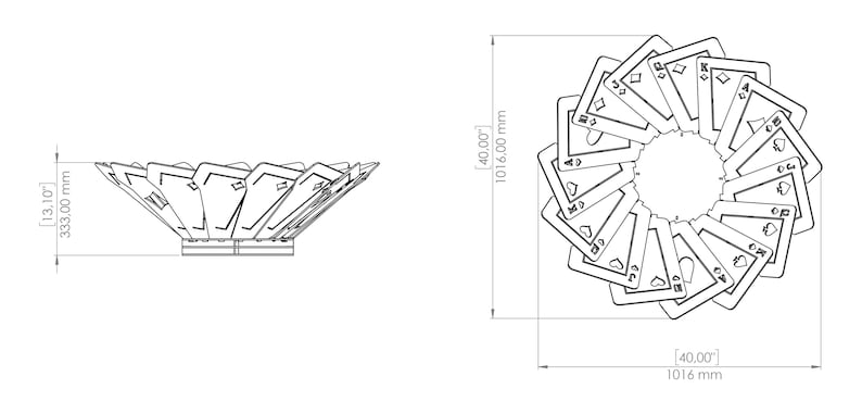 May include: A black and white line drawing of a decorative bowl made of playing cards. The bowl is 40 inches (1016 mm) in diameter and 13.10 inches (333 mm) high. The cards are arranged in a circular pattern.