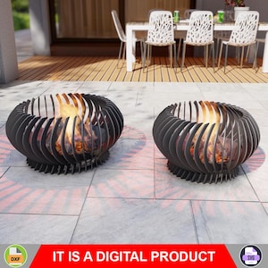 Puede incluir: Dos diseños de brasero de metal negro con llamas ardiendo en su interior. Los braseros están en un patio de baldosas grises.