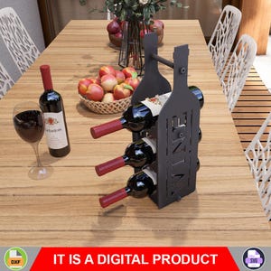 May include: A black metal wine rack holding three bottles of red wine, with the word "WINE" cut out of the side. A bottle of wine and a glass of wine are on the wooden table. The text "IT IS A DIGITAL PRODUCT" is at the bottom.