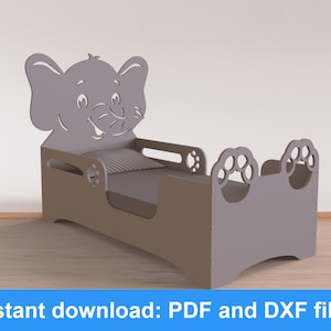 May include: A gray wooden toddler bed with an elephant headboard and paw-shaped cutouts on the sides. The bed has a striped pillow and a low profile. The text "Instant download: PDF and DXF files" is at the bottom.