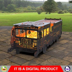 May include: A black metal fire truck-shaped fire pit with cut-out details. The fire pit has a rectangular shape with a flat top and is sitting on a stone surface. The text "IT IS A DIGITAL PRODUCT" is displayed in red at the bottom of the image.