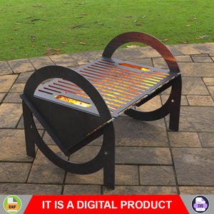 May include: A black metal fire pit with a slatted grill top and curved side supports. The fire pit has a rectangular shape with a glowing orange interior, suggesting a fire. The text "IT IS A DIGITAL PRODUCT" is displayed in red.