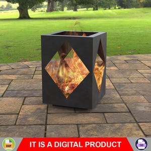 May include: A black, square fire pit with diamond-shaped cutouts revealing a bright orange fire. The fire pit is on a stone patio with a green lawn and trees in the background. The text "IT IS A DIGITAL PRODUCT" is displayed in a red banner.