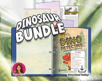 Paquete de actividades imprimibles y papel para escribir sobre dinosaurios • Rompecabezas y páginas para colorear