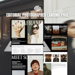 Könnte beinhalten: Ein Laptop-Bildschirm zeigt eine Website für einen Editorial-Fotografen. Die Seite enthält den Text "EDITORIAL PHOTOGRAPHER LANDING PAGE" und "MODAFRAME". Bilder zeigen Modefotografie und ein Portfolio. Die Website enthält den Namen des Fotografen, "SOL MODA".