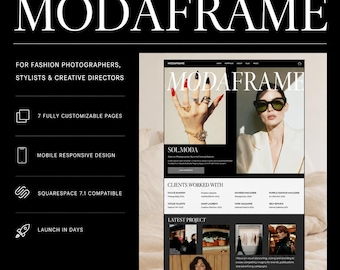Könnte beinhalten: Schwarz-weiß Werbung für eine Squarespace Website-Vorlage mit dem Text "MODAFRAME". Die Anzeige richtet sich an Modefotografen, Stylisten und Creative Directors und hebt anpassbare Seiten und mobiles Design hervor.