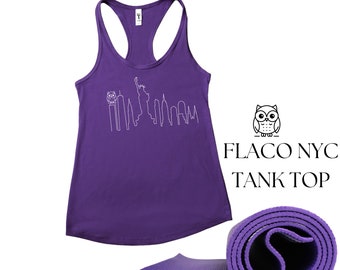 Flaco Tank Top Shirt, Owl NYC Skyline racerback Activewear workout yoga top. NY landmarks and Flaco art sleeveless Summer clothing for women