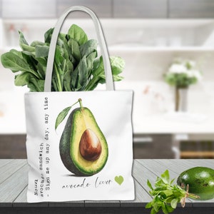 Avocado Lover Tote Bag, reusable canvas grocery bag, nature lovers foodie gift, avocadoes fan gift for plant lovers and gardeners.