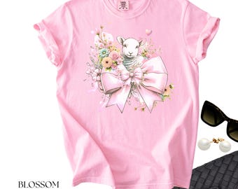 Maglietta Coquette Agnello di Pasqua, Maglietta Comfort Colors Vestito di Pasqua per Donna, Maglietta con Fiocco Floreale Rosa Grazioso e Versetto del Pastore, Regalo per Amica per Lei