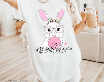 Maglietta pasquale Bunny Bubble Gum Comfort Colors T-Shirt, maglietta primaverile con coniglio divertente per lei, regalo di Pasqua per amica, maglietta cristiana di Pasqua