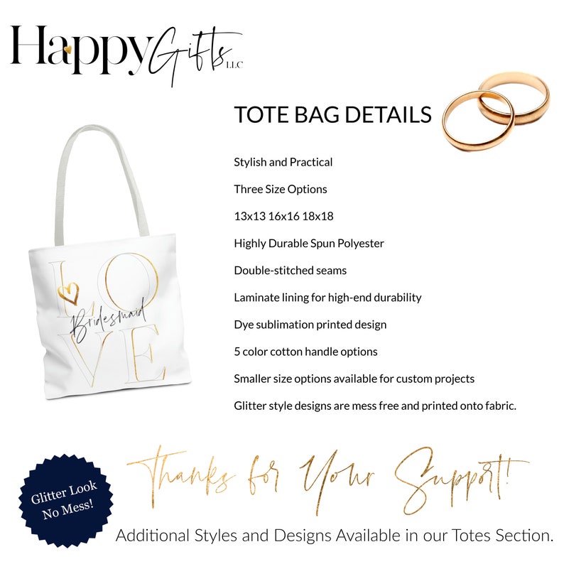 Puede incluir: Bolsa de tela blanca con letras doradas de purpurina que dicen "Bride" y "Maid" con un coraz&oacute;n en el medio. La bolsa tiene un aspecto de purpurina dorada que no deja residuos. La bolsa de tela est&aacute; disponible en tres tama&ntilde;os: 33x33 cm, 41x41 cm y 46x46 cm. La bolsa est&aacute; hecha de poli&eacute;ster hilado altamente duradero con costuras dobles y un forro laminado para una alta durabilidad. El dise&ntilde;o se imprime con sublimaci&oacute;n y tiene 5 opciones de asas de algod&oacute;n de color. Hay disponibles opciones de tama&ntilde;o m&aacute;s peque&ntilde;as para proyectos personalizados.